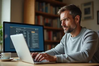 Homme naviguant sur l'interface Free pour accéder à Alice ADSL depuis son ordinateur portable