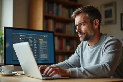 Homme naviguant sur l'interface Free pour accéder à Alice ADSL depuis son ordinateur portable