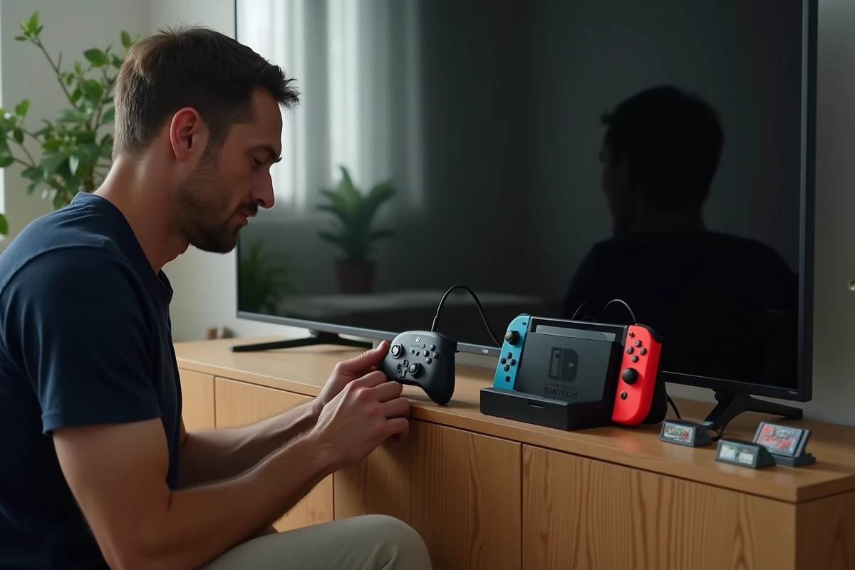 Homme connectant une manette Pro Controller à un dock Nintendo Switch pour la synchroniser sur plusieurs consoles