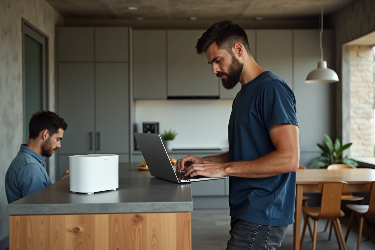 Homme utilisant un ordinateur portable connecté au réseau invité d'une Freebox dans une cuisine ouverte contemporaine