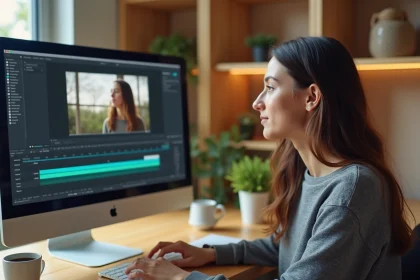 Jeune femme convertissant une vidéo en MP4 sur un iMac dans un bureau à domicile moderne