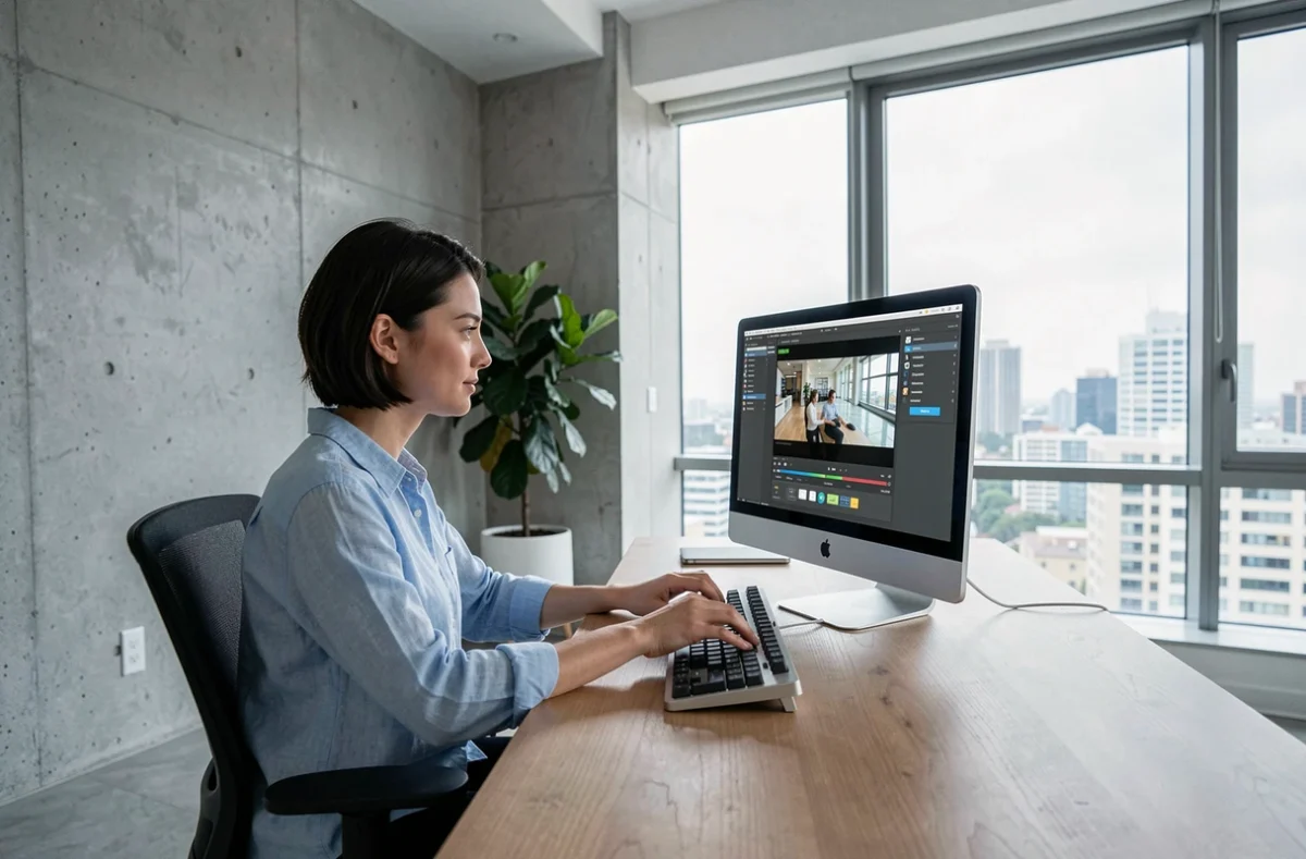 Femme utilisant un outil de conversion vidéo YouTube en MP4 sur un ordinateur de bureau dans un appartement moderne