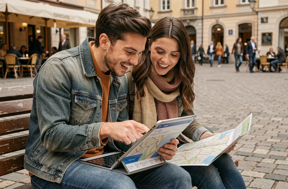Couple planifiant un road trip aux USA sur tablette en consultant Google Maps dans une place urbaine pavée