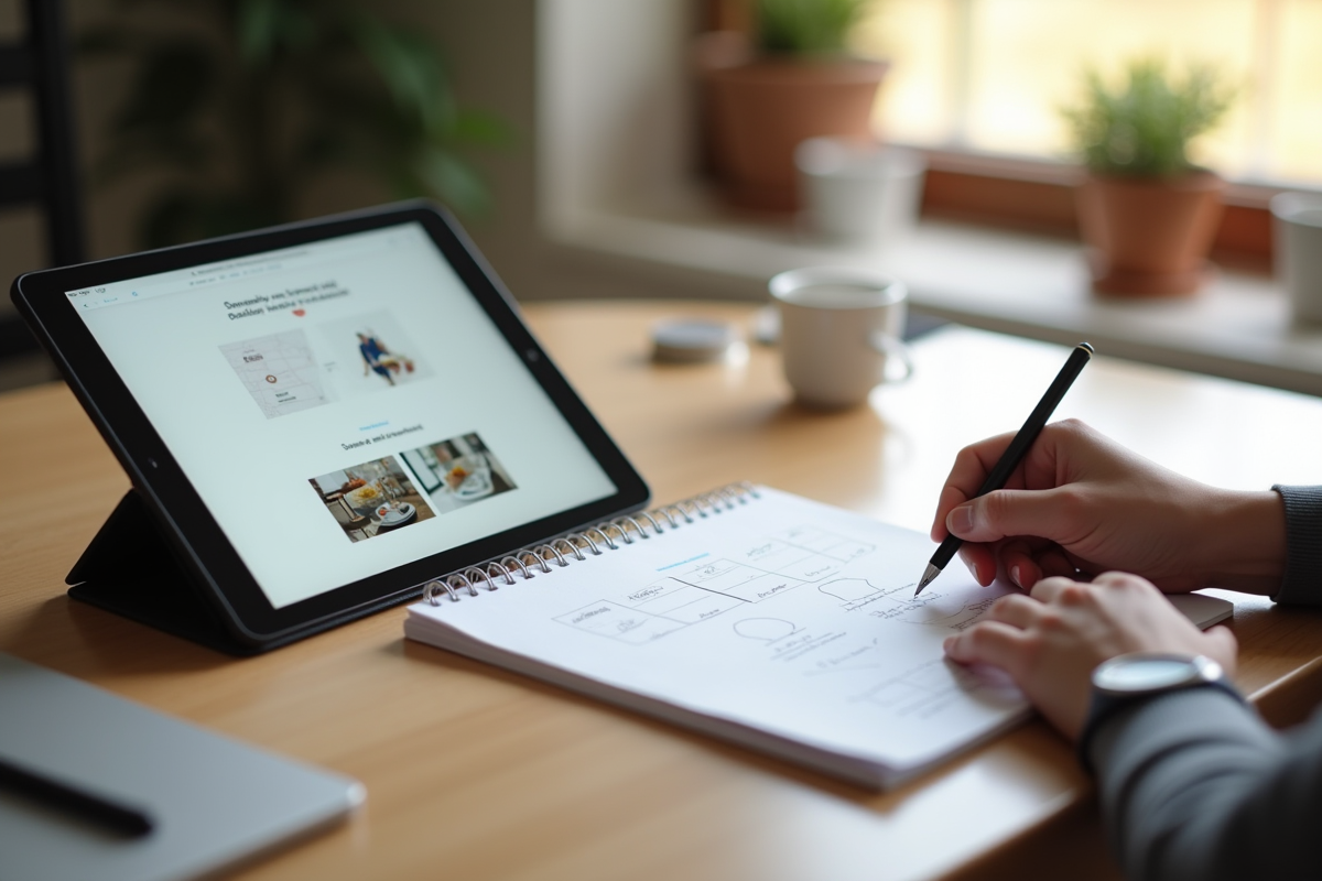 Main dessinant une maquette de site web sur un carnet blanc avec une tablette à côté