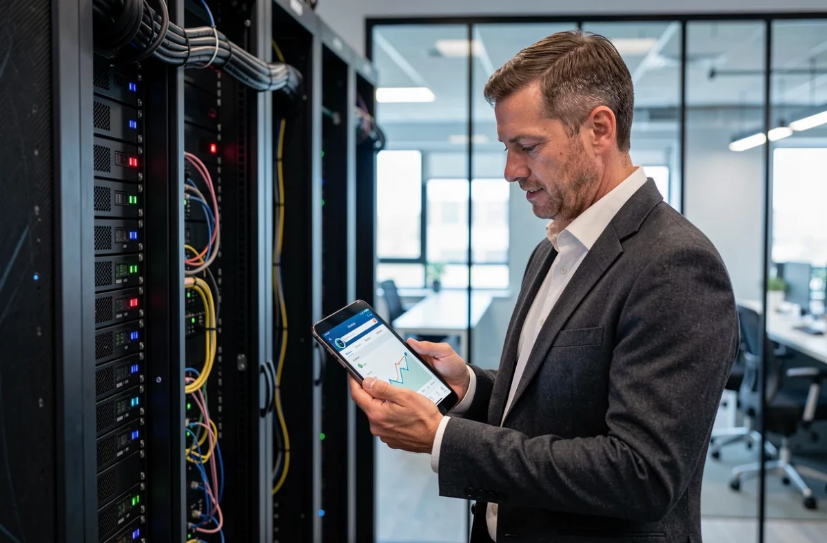 Ingénieur de DATASOLUTION consultant un tableau de bord mobile d'intégration de données dans une salle de serveurs professionnelle