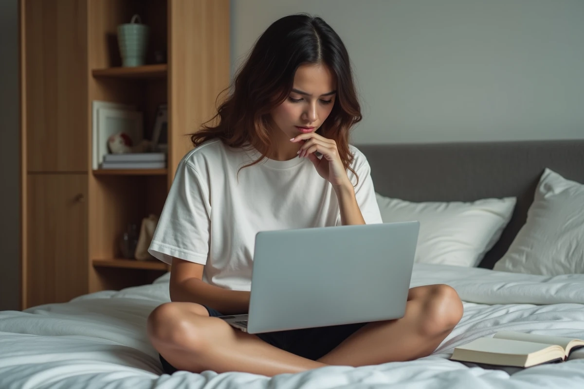 Jeune femme découvrant le serveur Discord FlashBack FA pour le roleplay, assise sur son lit avec un laptop