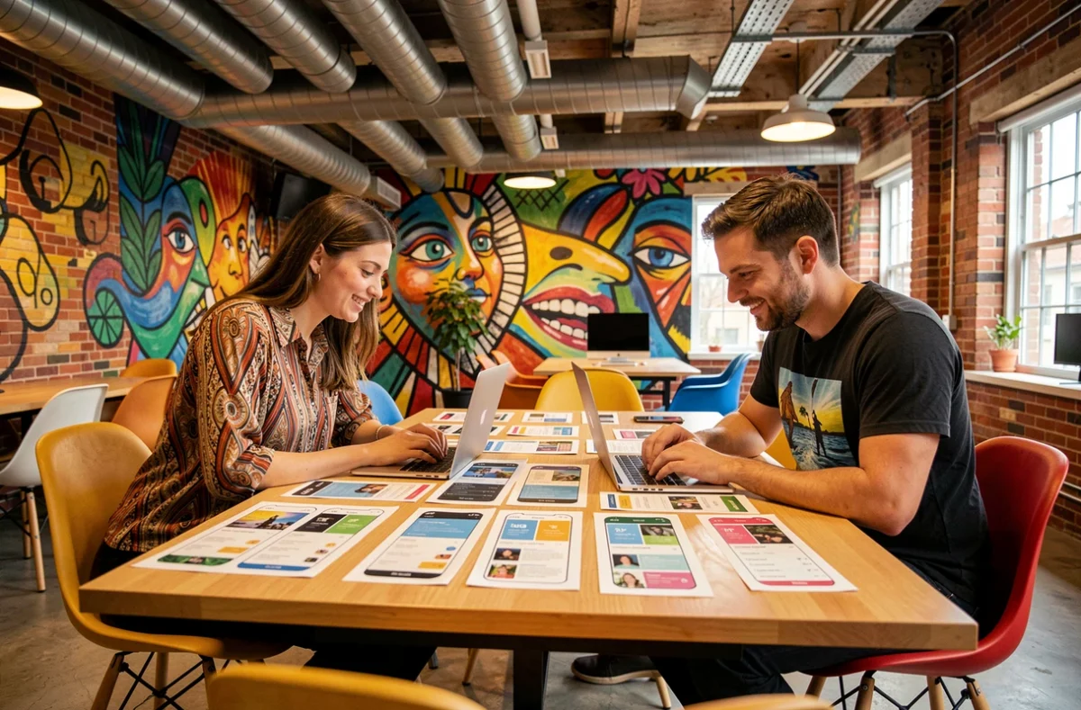 Studio créatif de l'agence Dernier Cri avec des designers travaillant sur des maquettes imprimées d'interface d'application mobile