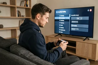 Jeune homme désactivant la synthèse vocale sur PS5 via les paramètres d'accessibilité affichés sur un téléviseur dans un salon moderne