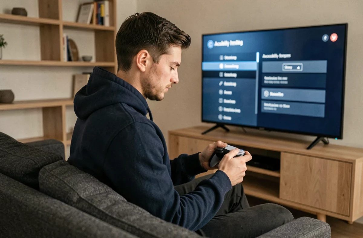 Jeune homme désactivant la synthèse vocale sur PS5 via les paramètres d'accessibilité affichés sur un téléviseur dans un salon moderne