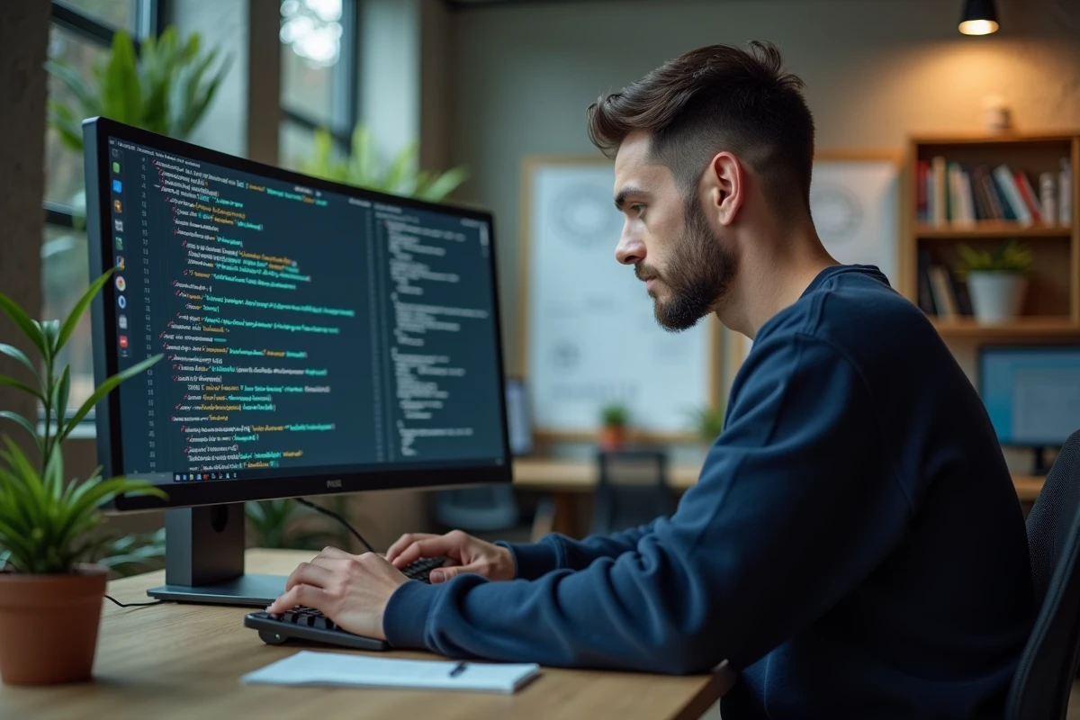 Développeur web analysant du code HTML et des balises SEO sur un grand écran dans un bureau moderne