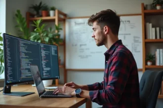 Jeune homme programmeur travaillant sur son ordinateur dans un bureau moderne