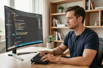 Développeur web concentré sur du code CSS avec transform et translate affiché sur un grand écran ultrawide dans un bureau moderne