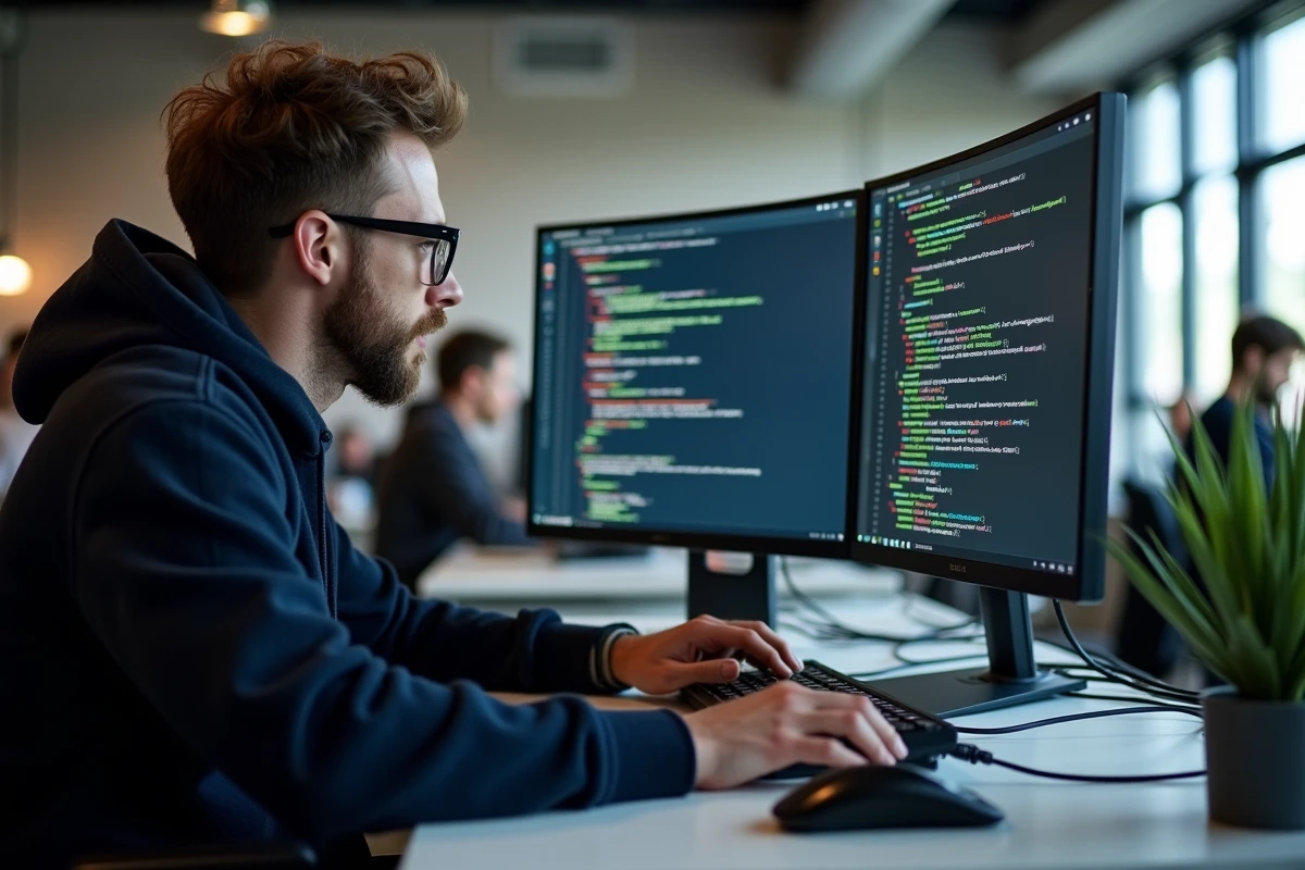 Développeur web concentré sur un terminal affichant des conflits de dépendances pip install dans un bureau moderne