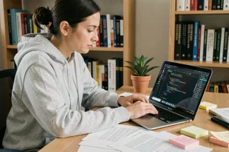 Développeuse Python lisant de la documentation XML sur son ordinateur portable dans un bureau à domicile