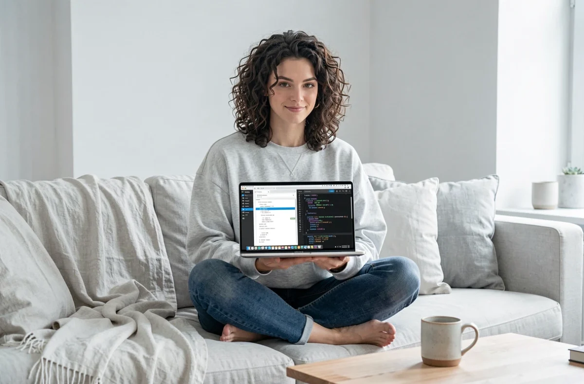 Développeuse web assise sur un canapé minimaliste travaillant sur un div centré en CSS avec translate dans un salon scandinave