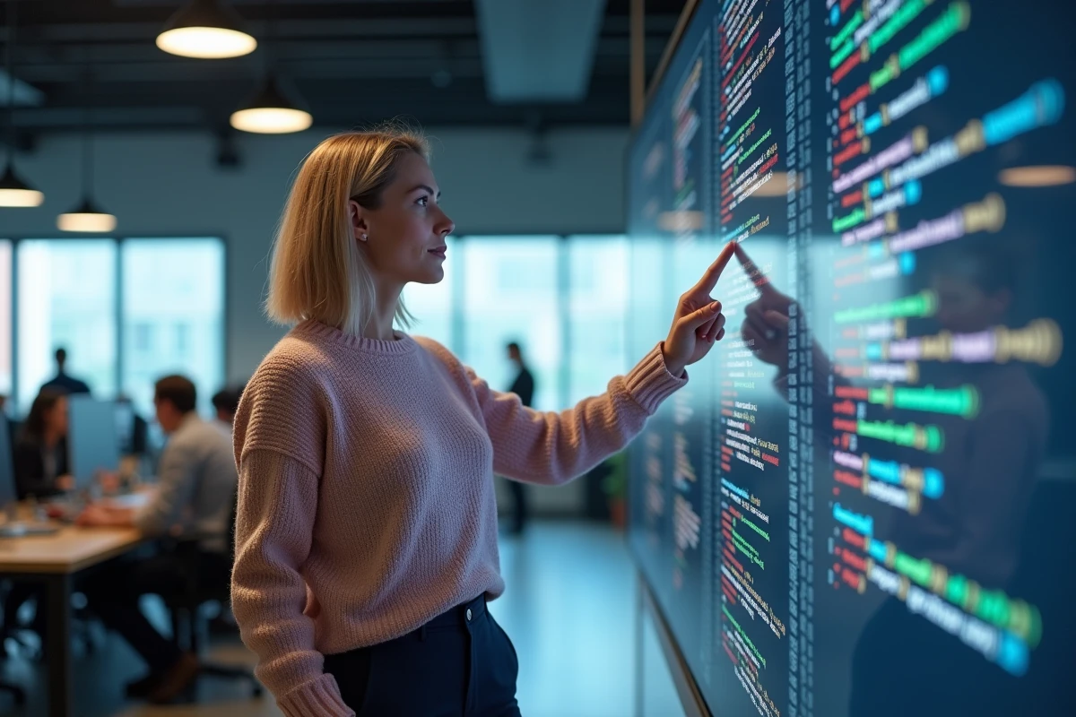 Femme développeuse manipulant un grand écran tactile dans un espace de travail collaboratif