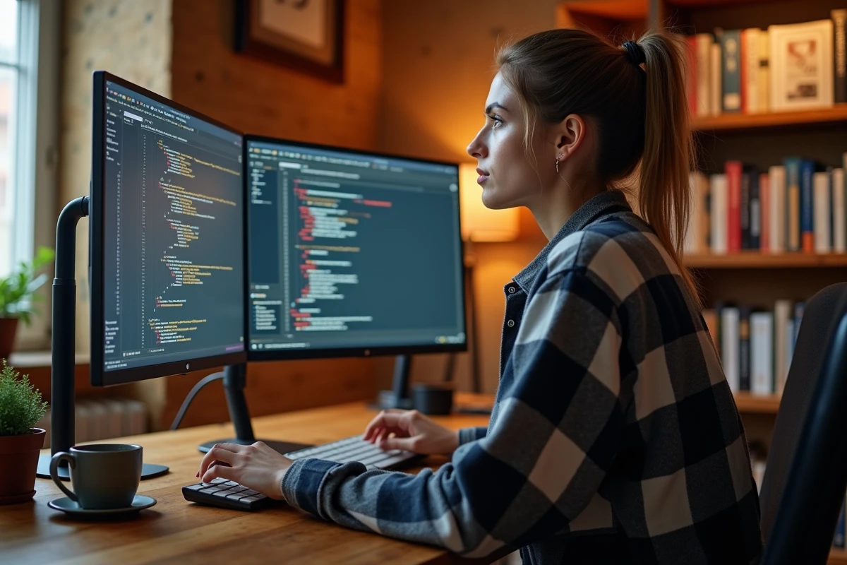 Développeuse freelance travaillant sur le balisage HTML structuré pour le SEO dans un bureau à domicile chaleureux