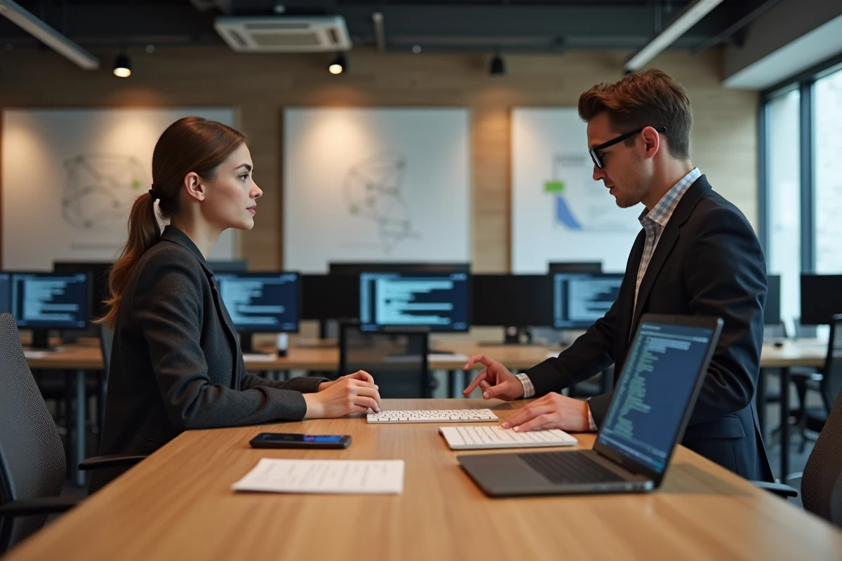 Femme discutant proxy avec un collègue en réunion