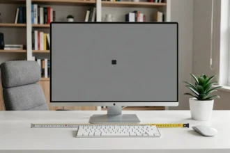 Écran 27 pouces posé sur un bureau blanc avec un mètre ruban pour illustrer ses dimensions exactes en centimètres