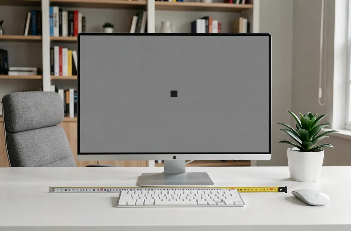 Écran 27 pouces posé sur un bureau blanc avec un mètre ruban pour illustrer ses dimensions exactes en centimètres
