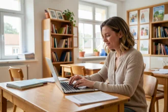 Enseignant consultant sa messagerie professionnelle sur un ordinateur portable