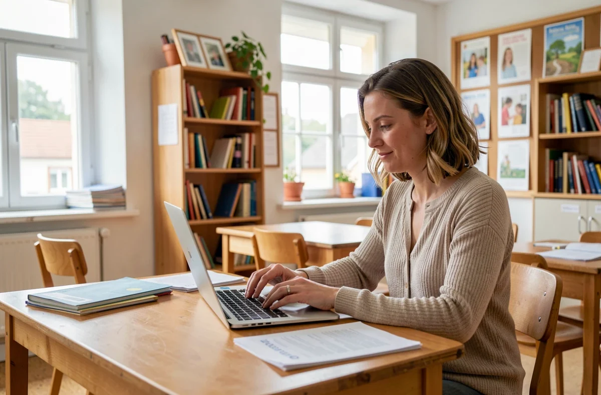Enseignant consultant sa messagerie professionnelle sur un ordinateur portable