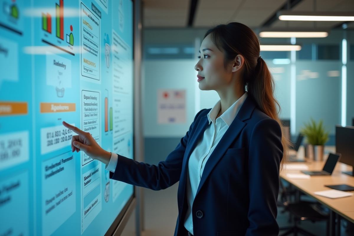 Jeune enseignante interagissant avec un tableau numérique éducatif