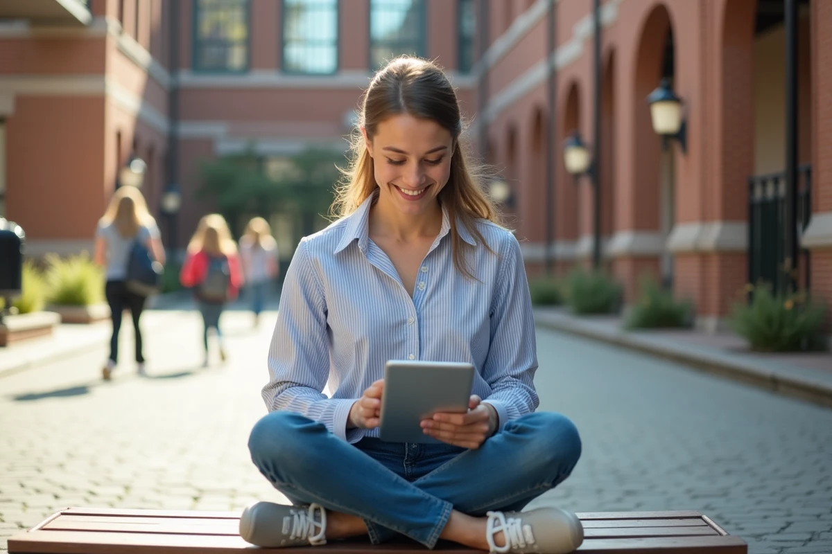 Jeune enseignante lisant ses emails académiques Mel AC Normandie sur une tablette dans la cour d'un établissement scolaire