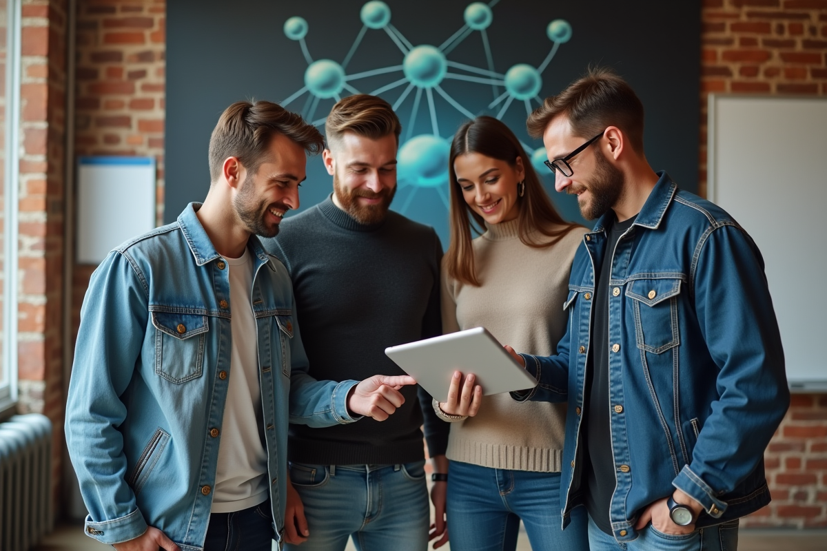 Trois professionnels IT discutant blockchain dans un espace de coworking