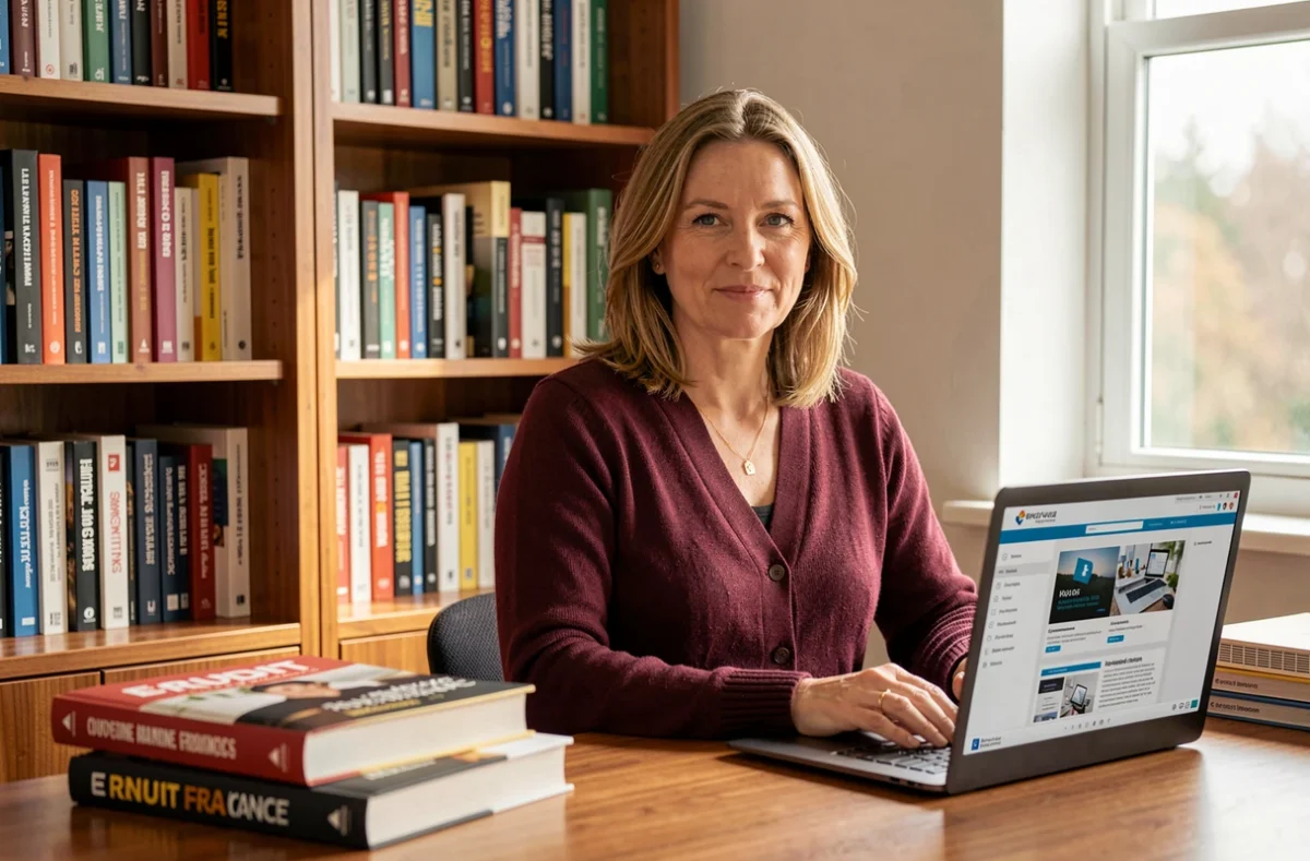 Experte d'Erudit France dans son bureau studieux avec des ouvrages de marketing et technologie