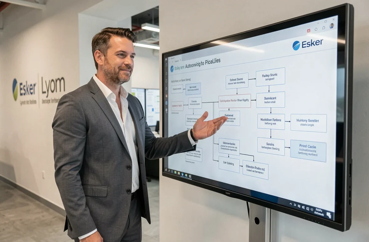 Professionnel présentant la plateforme d'automatisation documentaire Esker dans un bureau moderne lyonnais