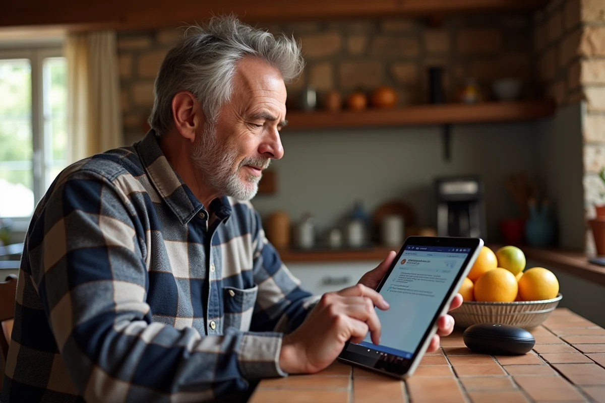 Homme âgé consultant l'interface Free sur une tablette dans une cuisine pour se connecter à son espace Alice ADSL