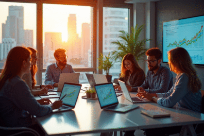 Espace de travail moderne avec équipe collaborant sur un bureau lumineux