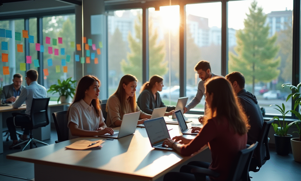 Espace de travail moderne avec équipe diverse collaborant