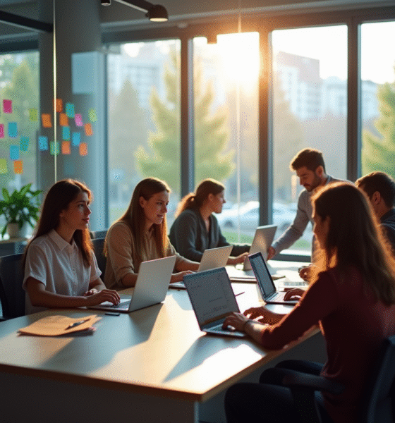 Espace de travail moderne avec équipe diverse collaborant