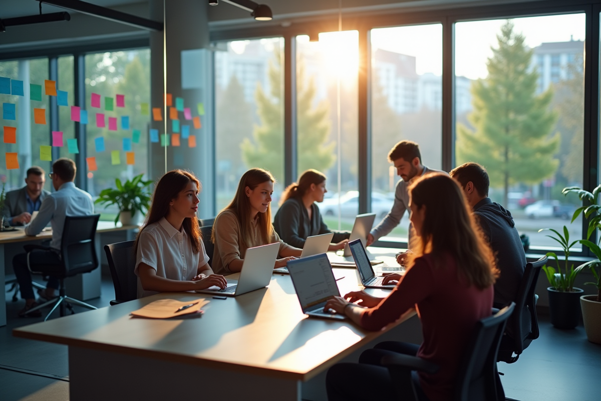 Espace de travail moderne avec équipe diverse collaborant