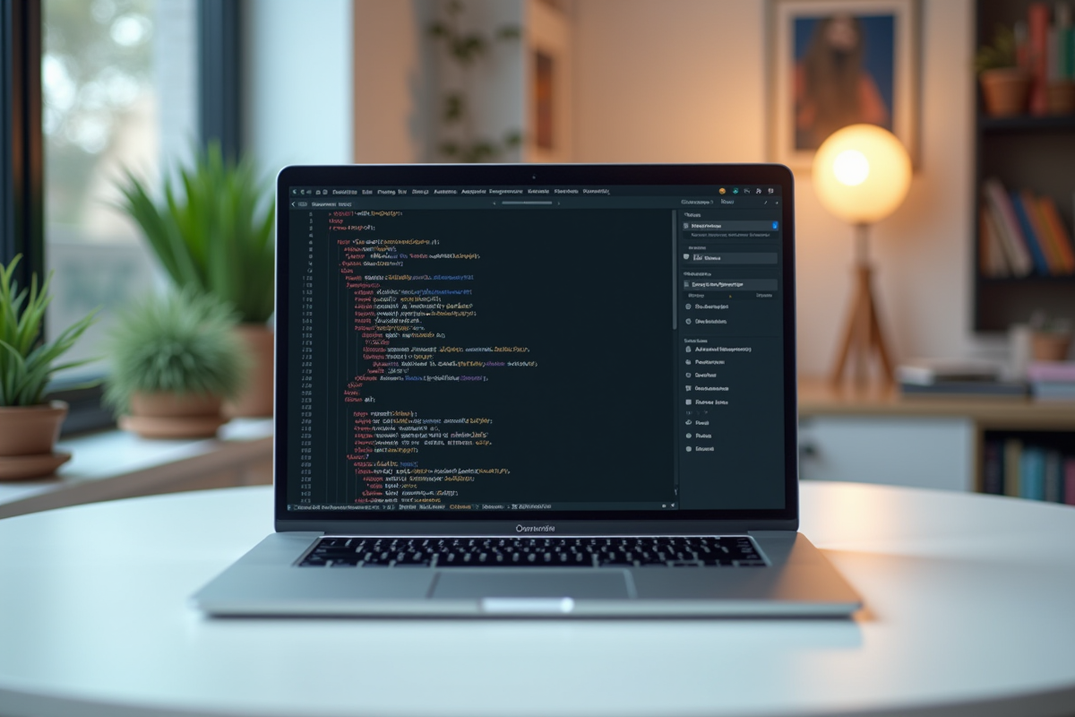 Espace de travail créatif avec MacBook et code sur écran