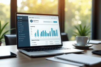 Espace de travail moderne avec ordinateur affichant un tableau de bord email marketing
