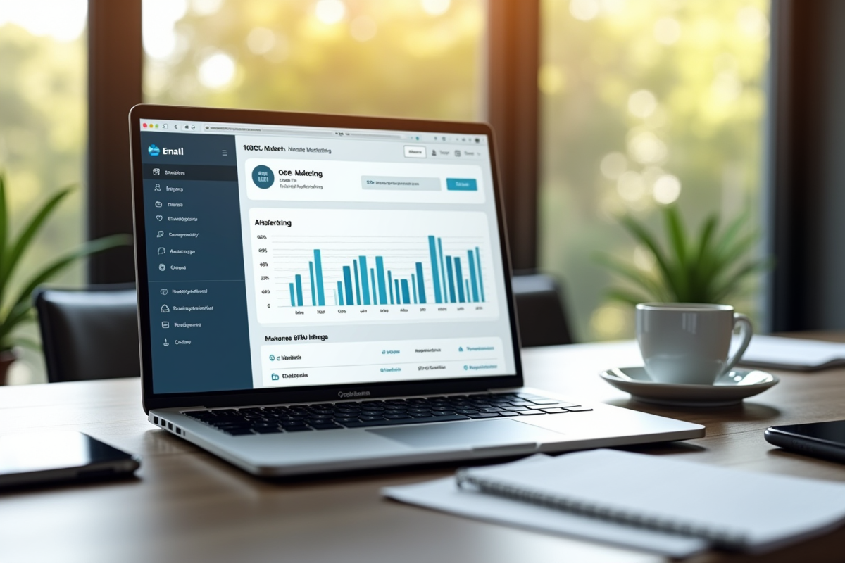 Espace de travail moderne avec ordinateur affichant un tableau de bord email marketing