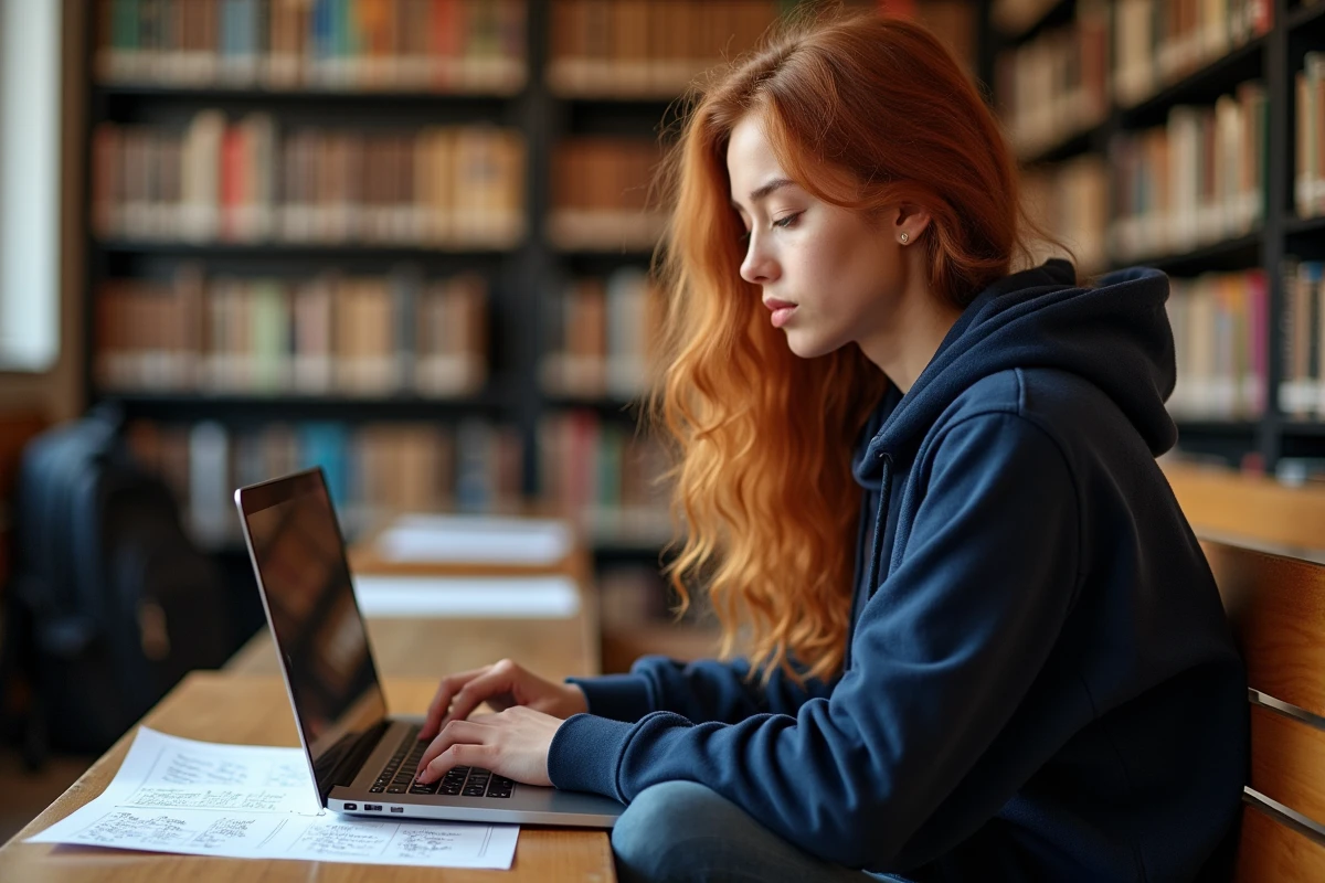 Étudiante en bibliothèque consultant une fiche de référence des symboles du clavier AZERTY en tapant sur son ordinateur portable