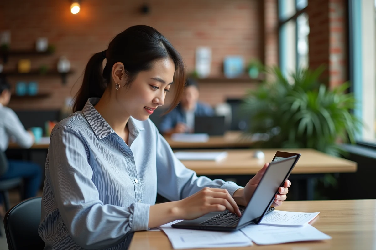 Jeune femme vérifiant sa facture Orange sur tablette dans un espace de coworking