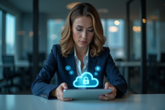 Femme d affaires regardant une tablette avec icone de securite