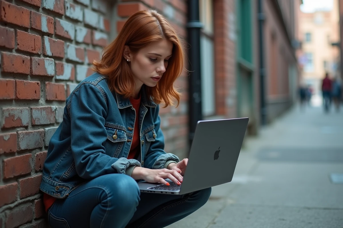 Femme en ville travaillant sur son ordinateur portable