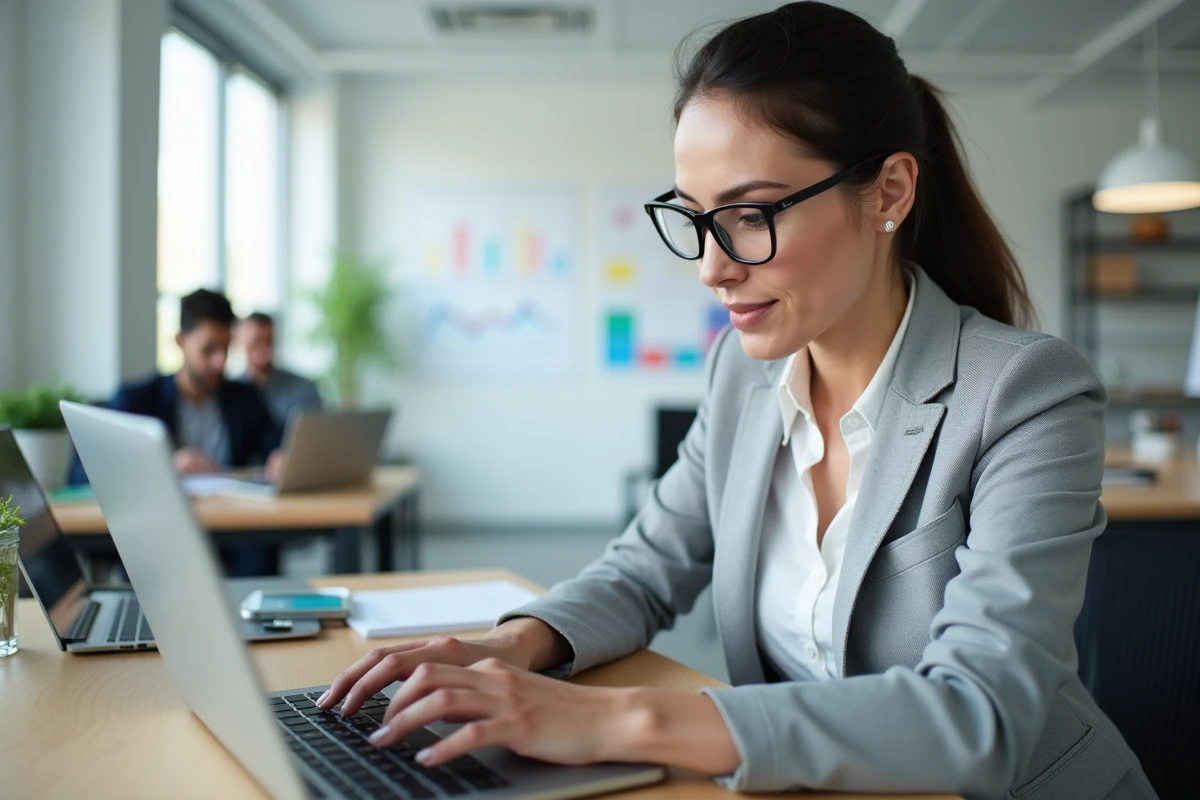 Femme analyste utilisant une formule SOMMEPROD dans Excel pour calculer une moyenne pondérée sur ordinateur portable
