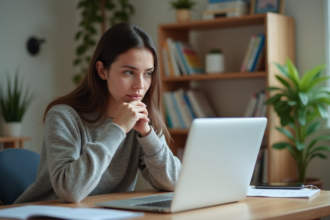 Femme concentrée analysant des graphiques sur son ordinateur portable