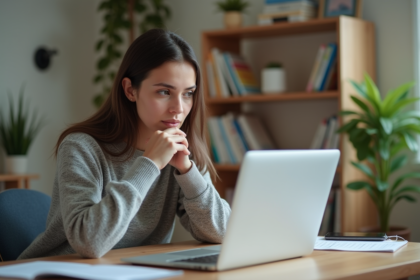 Femme concentrée analysant des graphiques sur son ordinateur portable