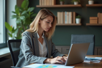 Femme concentrée analysant des données sociales sur son ordinateur