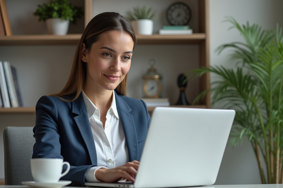 Femme professionnelle en bureau moderne utilisant un chatbot
