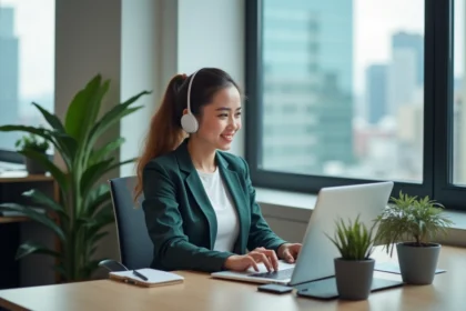 Jeune femme au bureau lors d'un appel vidéo avec une assistance IA