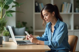 Jeune femme au bureau vérifiant son téléphone